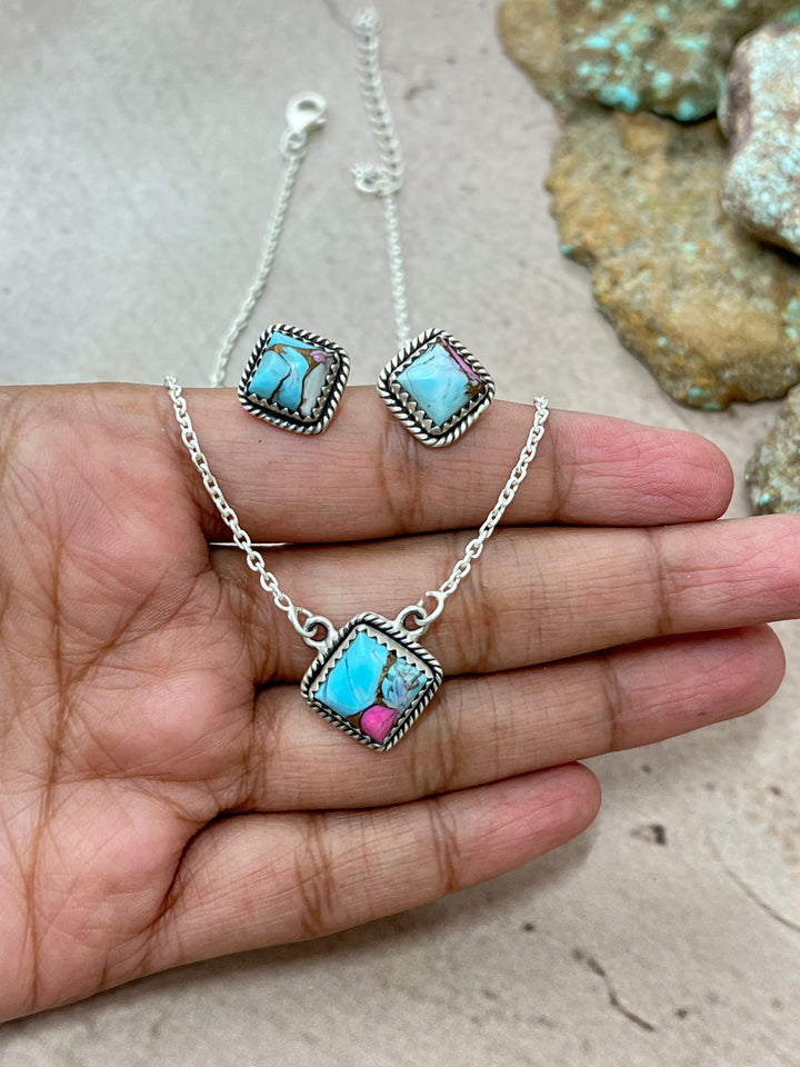 Handmade Sterling Silver Cotton Candy Turquoise Necklace & Earrings Set