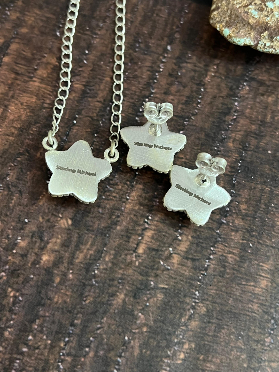 Handmade Sterling Silver Campitos Turquoise Star Necklace Earrings Set