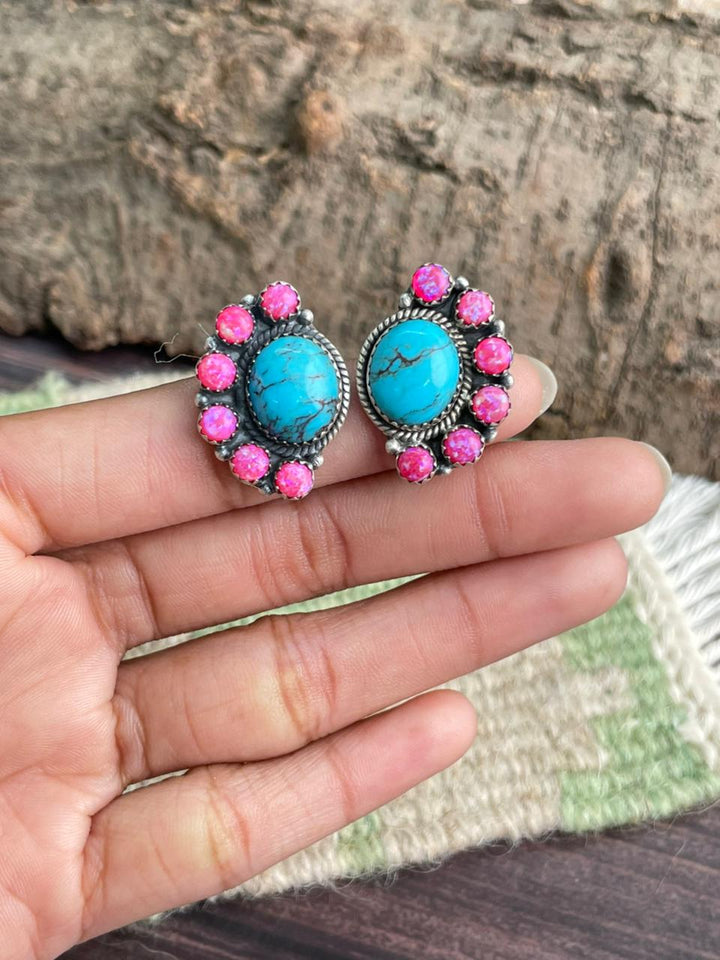 Handmade Sterling Silver Arizona Blue Turquoise with Hot Pink Post Studs Earrings