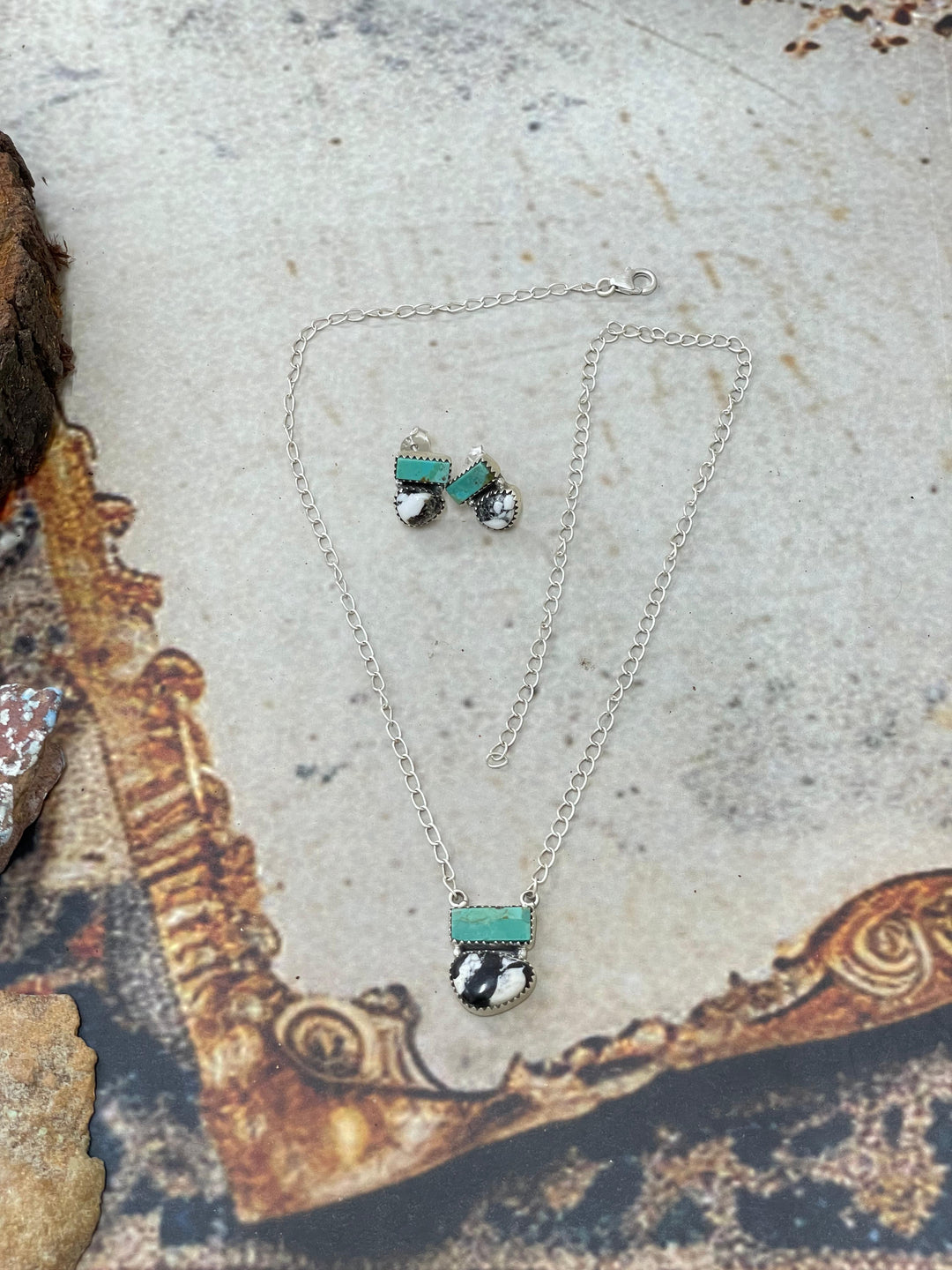 Into the Wild -Handmade Sterling Silver Kingman with White Buffalo Necklace & Earrings Set