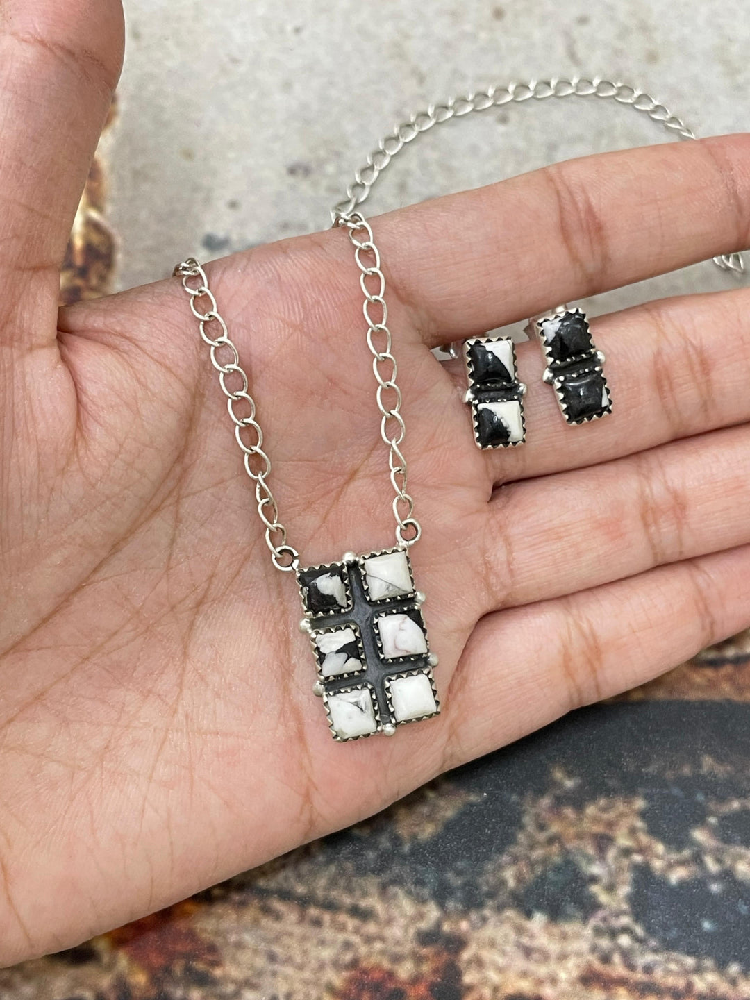 White Buffalo Sterling Silver Necklace & Earrings Set