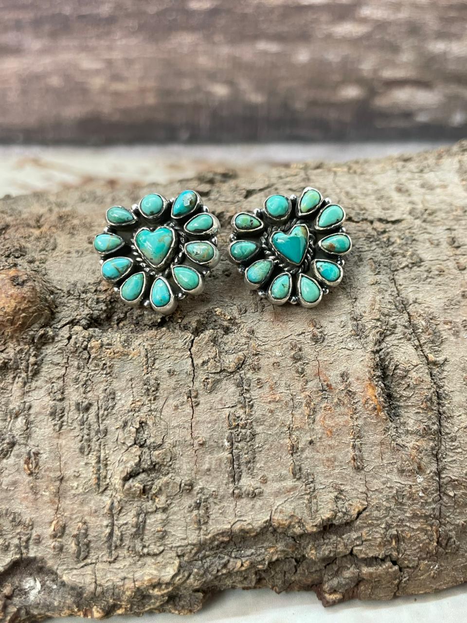 "Heart Collection" Handmade Sterling Silver Kingman Turquoise Post Studs Earrings