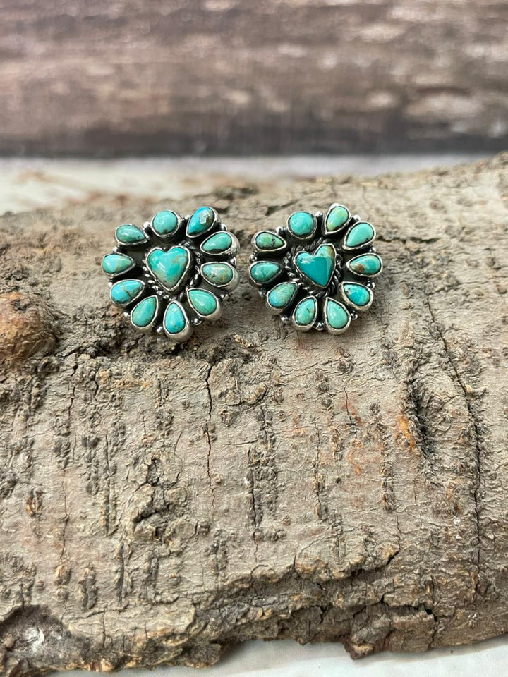 "Heart Collection" Handmade Sterling Silver Kingman Turquoise Post Studs Earrings