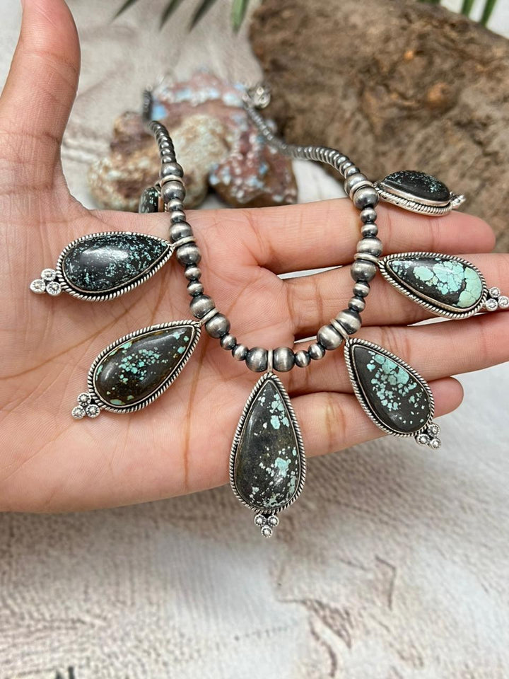 Handmade Sterling Silver Lander Turquoise Beaded Necklace