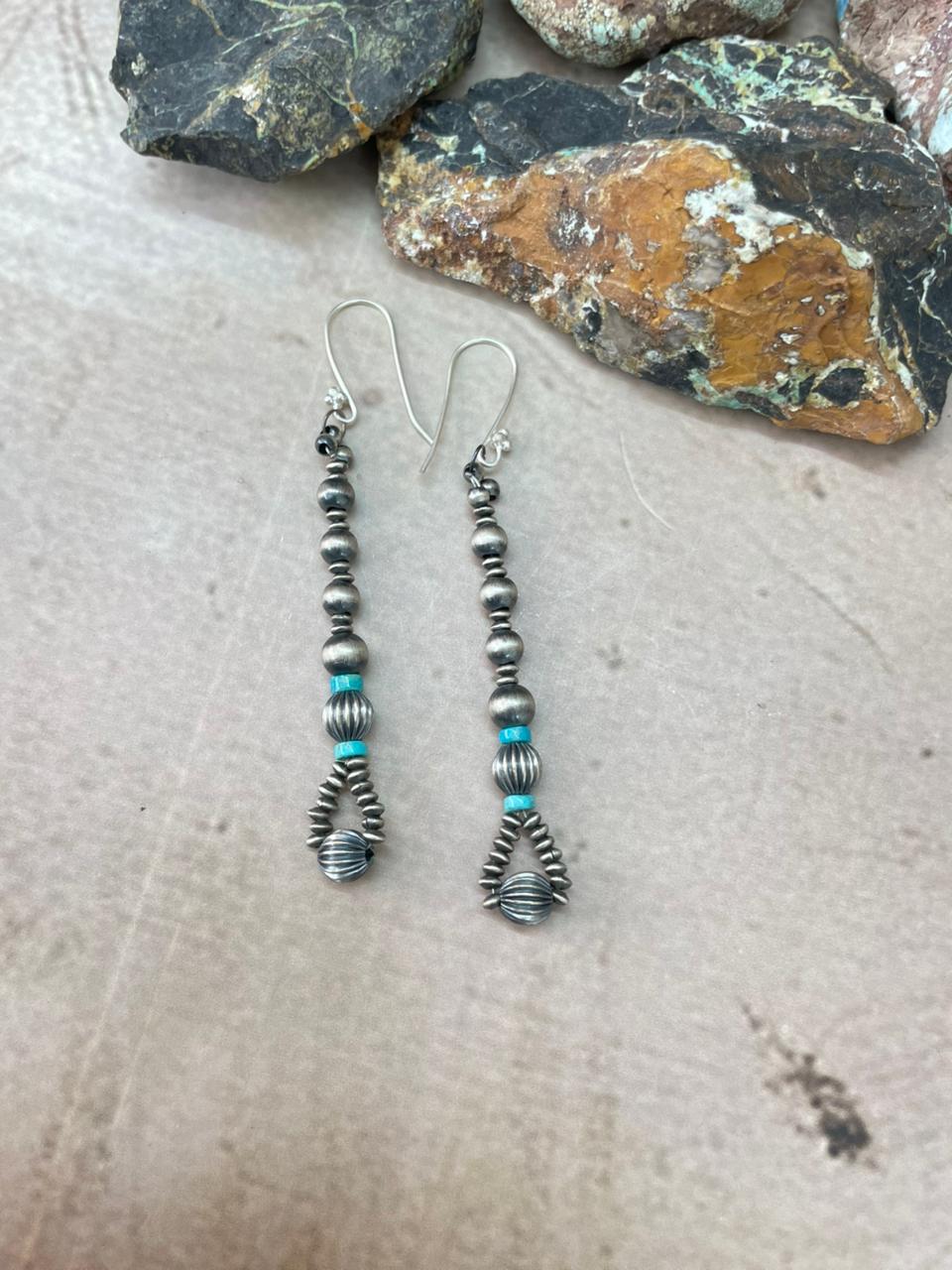 Handmade Sterling Silver Beaded Kingman Turquoise Dangle Hook Earrings