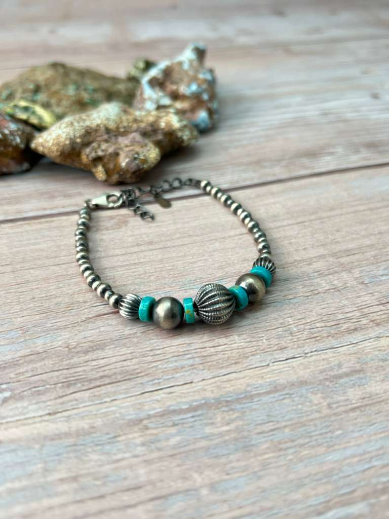 Handmade Sterling Silver Kingman Turquoise Beaded Bracelet