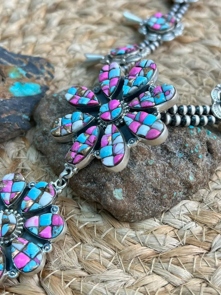 Handmade Sterling Silver Beaded Blossom Cotton Candy Necklace "Signed Nizhoni" Nizhoni Traders LLC