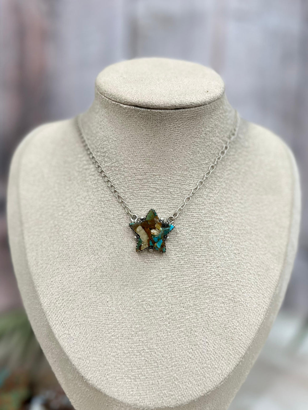 Handmade Sterling Silver Royston Turquoise Star Necklace with Signed Nizhoni Nizhoni Traders LLC