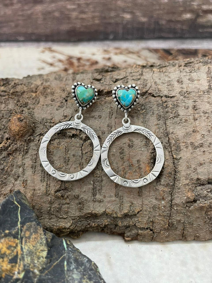 "Heart Collection" Handmade Sterling Silver Kingman Turquoise Post Dangle Earrings