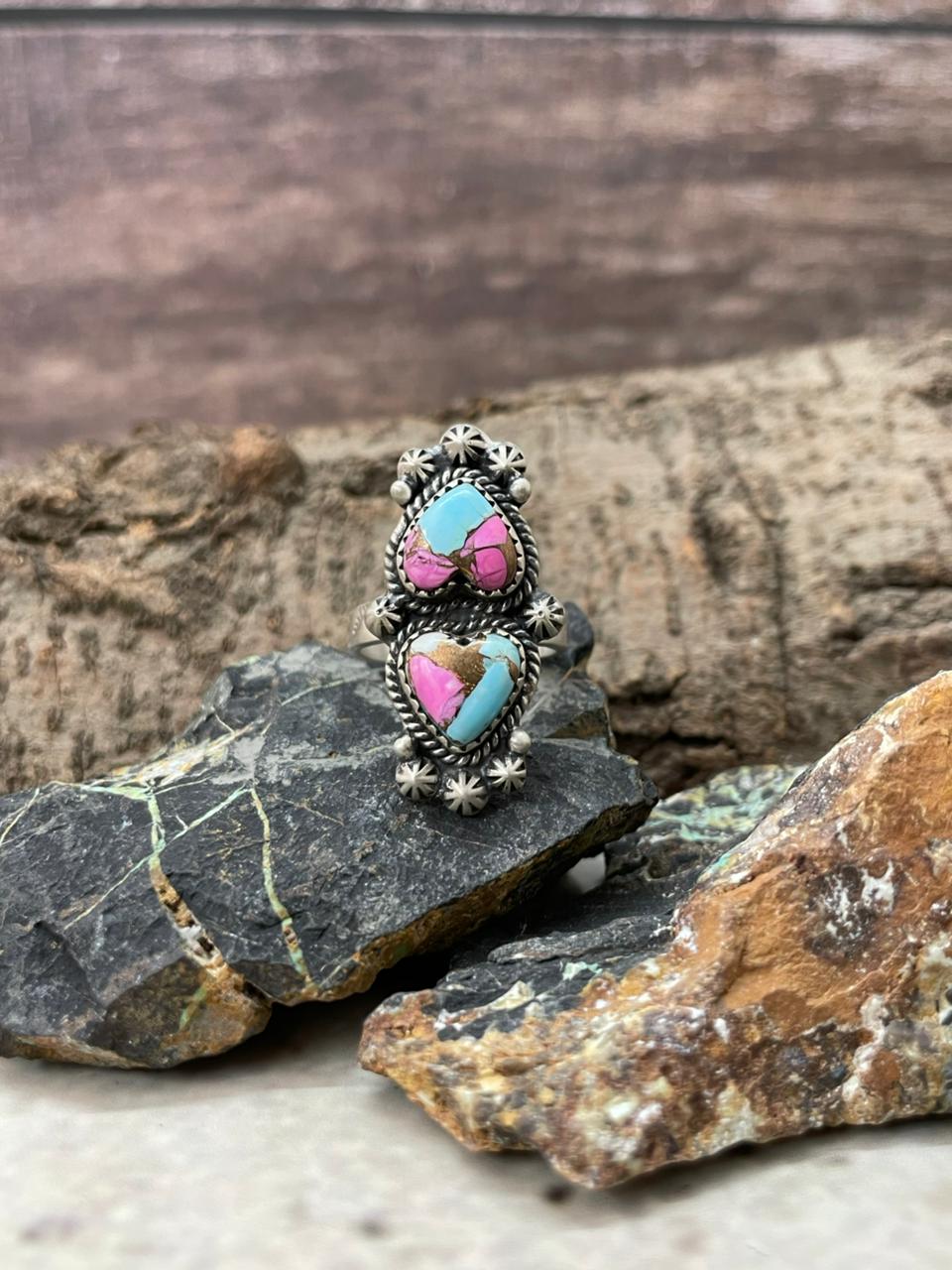 "Heart Collection" Handmade Sterling Silver Cotton Candy TurquoiseAdjustable Ring