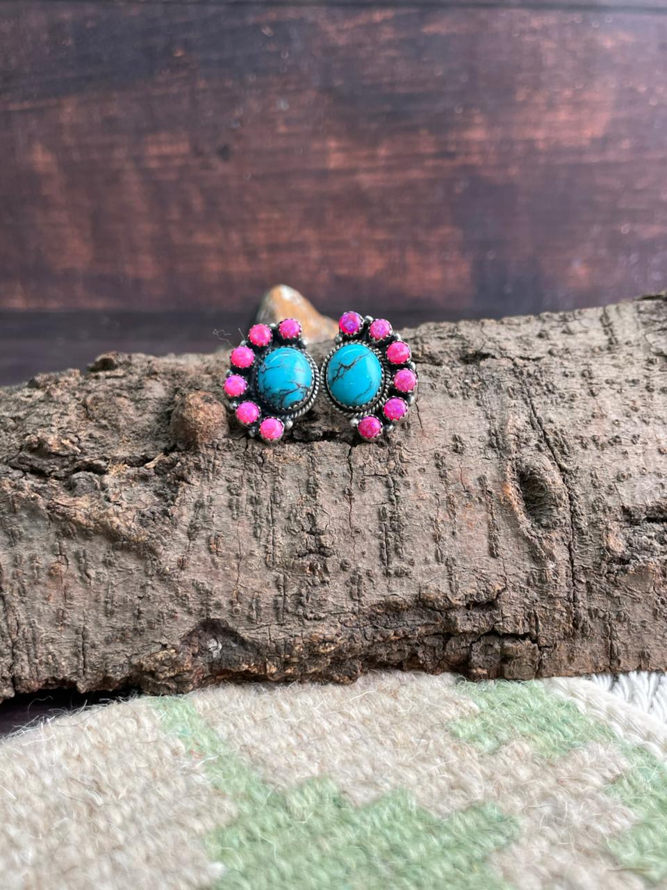 Handmade Sterling Silver Arizona Blue Turquoise with Hot Pink Post Studs Earrings