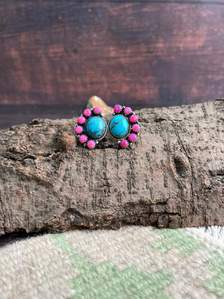 Handmade Sterling Silver Arizona Blue Turquoise with Hot Pink Post Studs Earrings