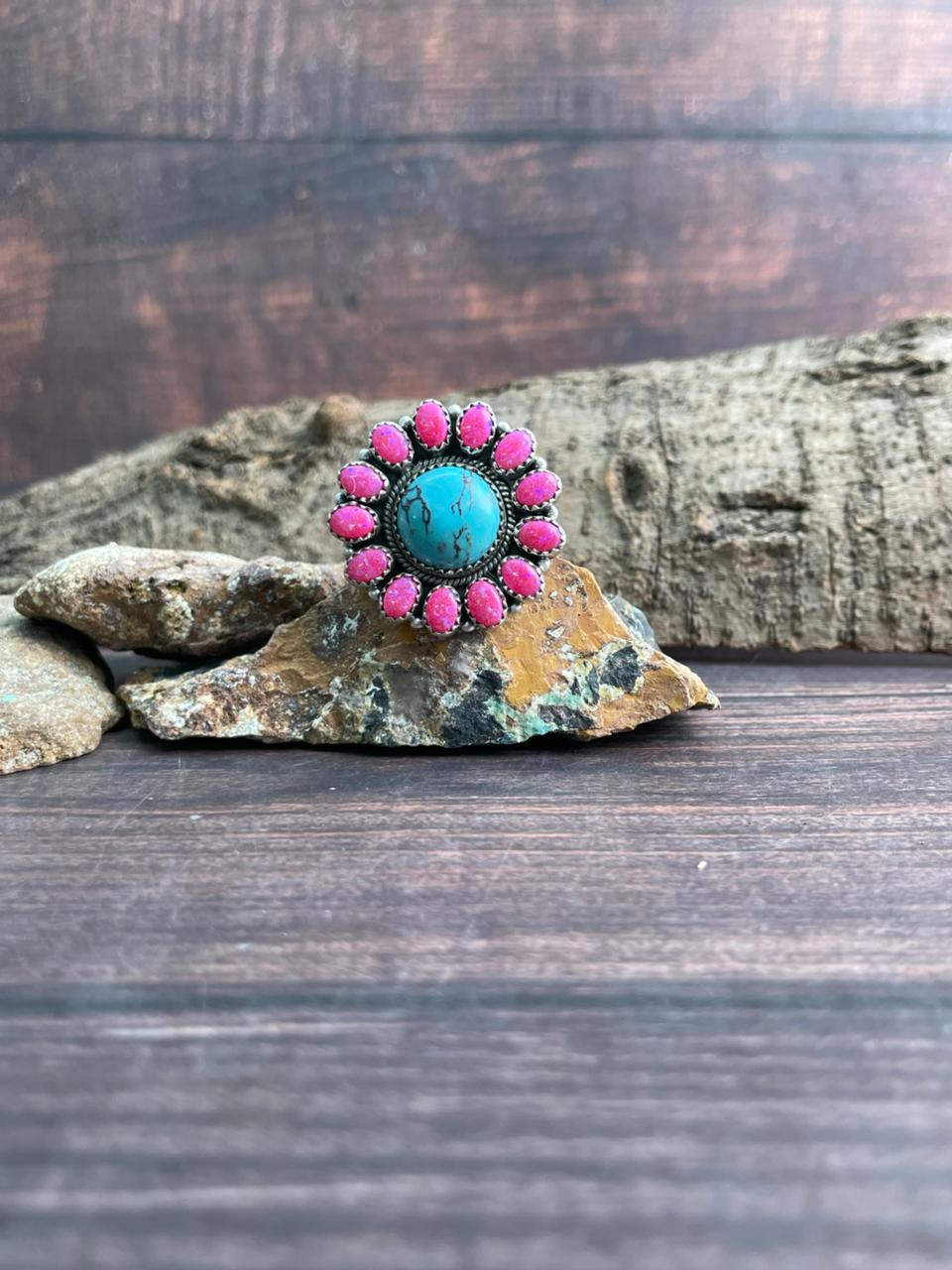 Handmade Sterling Silver Arizona Turquoise with Hot Pink Adjustable Ring