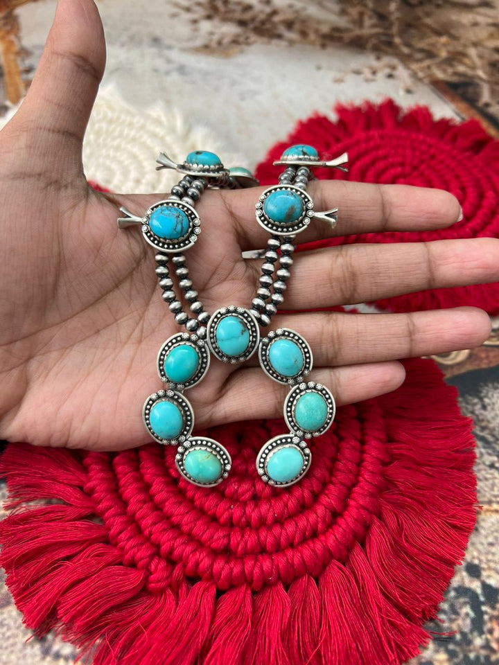 Handmade Sterling Silver Kingman Turquoise Squash Blossom Beaded Necklace