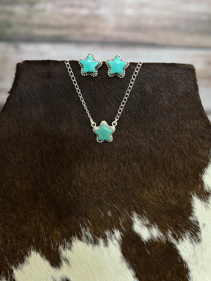 Handmade Sterling Silver Campitos Turquoise Star Necklace Earrings Set