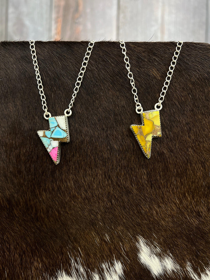 Handmade Sterling Silver Cotton Candy & Honey Dahlia Lightning Bolt Necklace