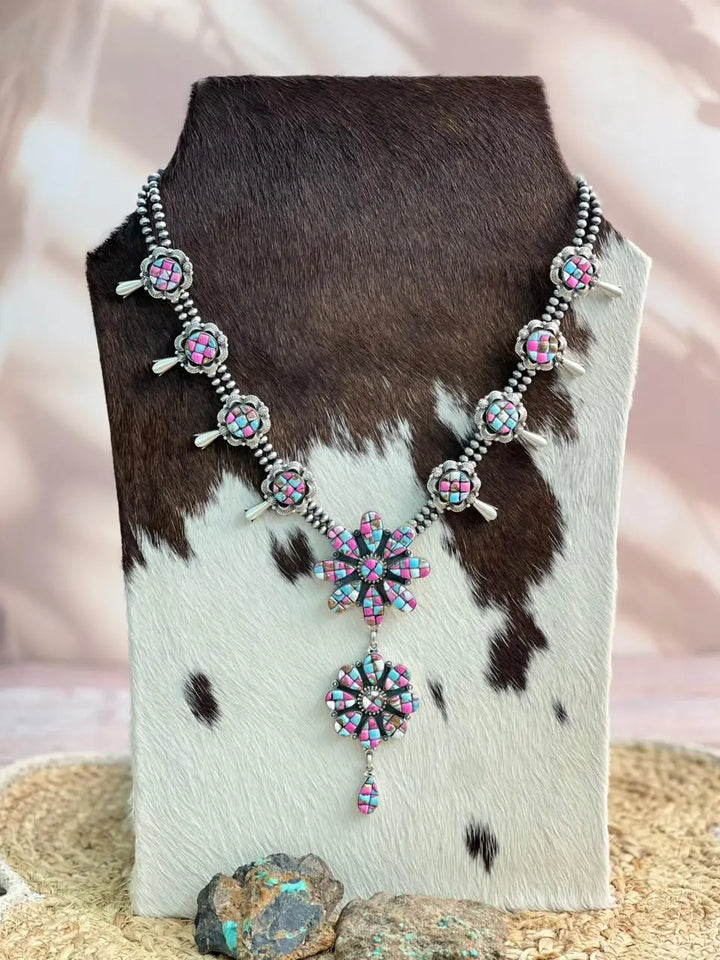 Handmade Sterling Silver Beaded Blossom Cotton Candy Necklace "Signed Nizhoni" Nizhoni Traders LLC