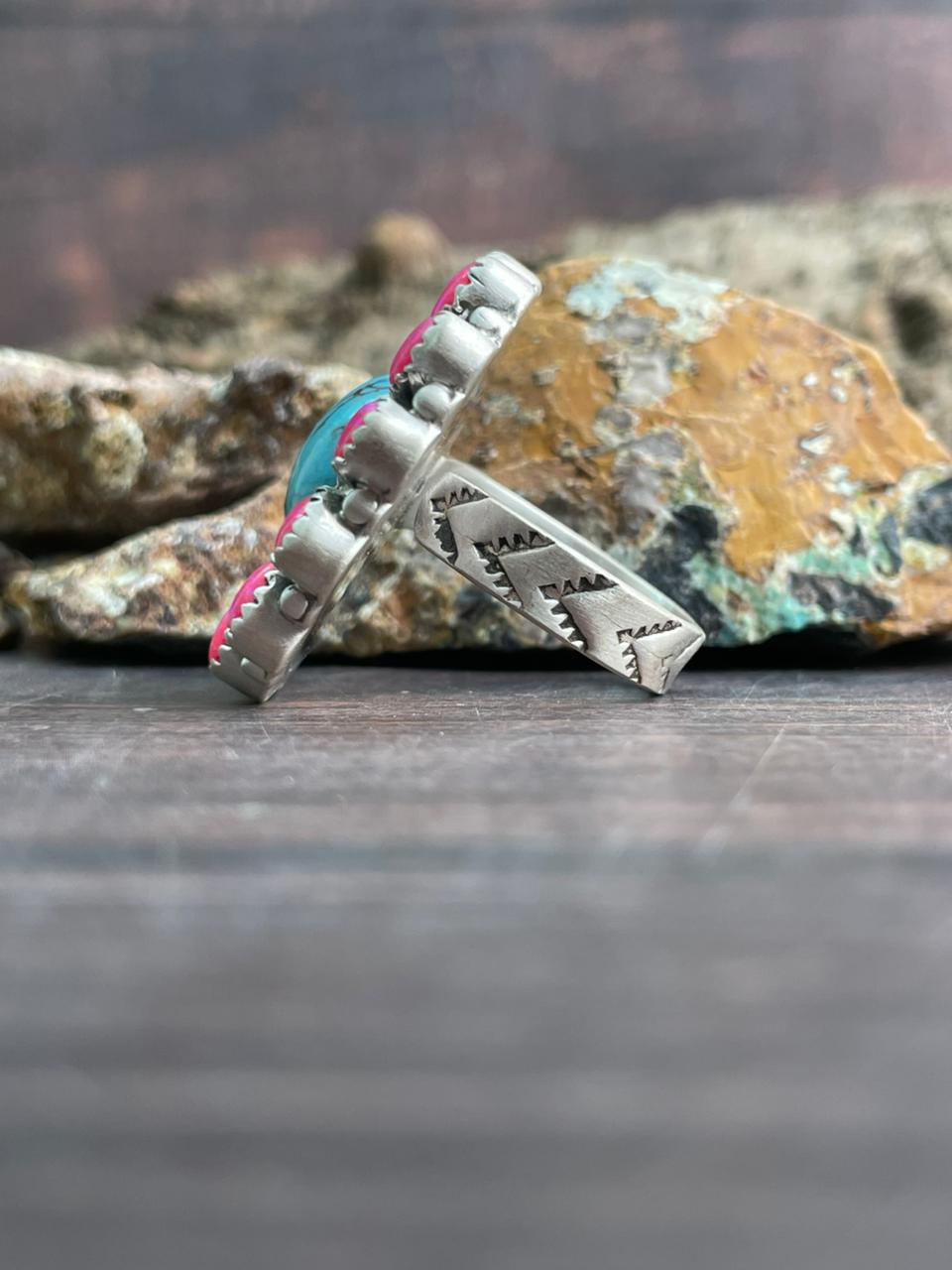 Handmade Sterling Silver Arizona Turquoise with Hot Pink Adjustable Ring