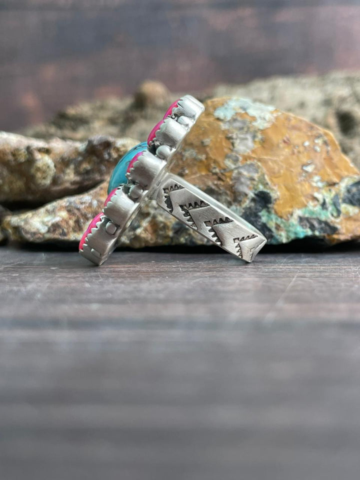 Handmade Sterling Silver Arizona Turquoise with Hot Pink Adjustable Ring