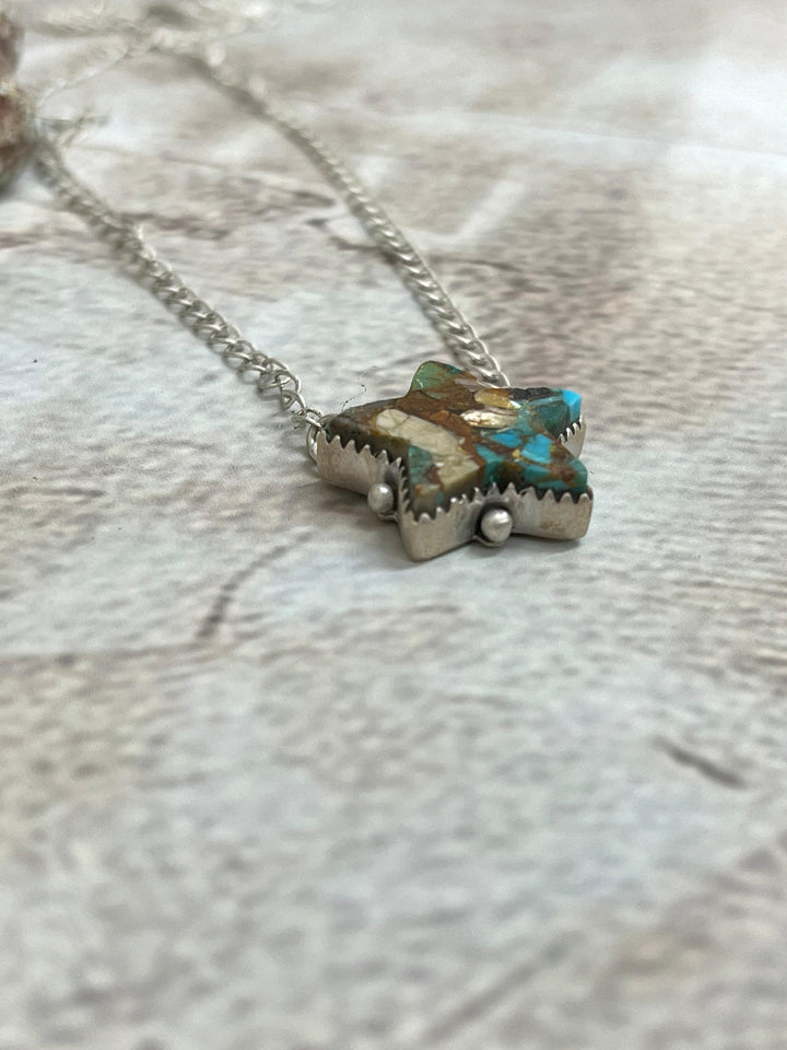 Handmade Sterling Silver Royston Turquoise Star Necklace with Signed Nizhoni Nizhoni Traders LLC
