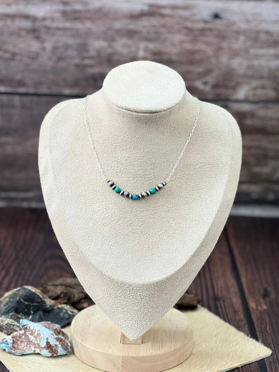 Handmade Sterling Silver Kingman Turquoise Beaded Necklace