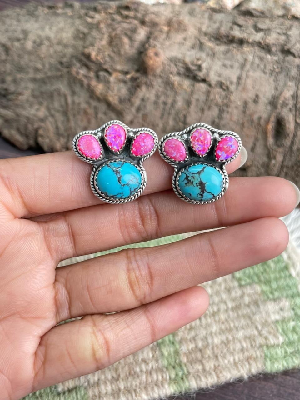 Handmade Sterling Silver Arizona Blue Turquoise with Hot Pink Post Studs Earrings