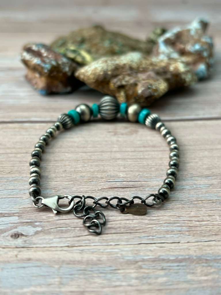 Handmade Sterling Silver Kingman Turquoise Beaded Bracelet
