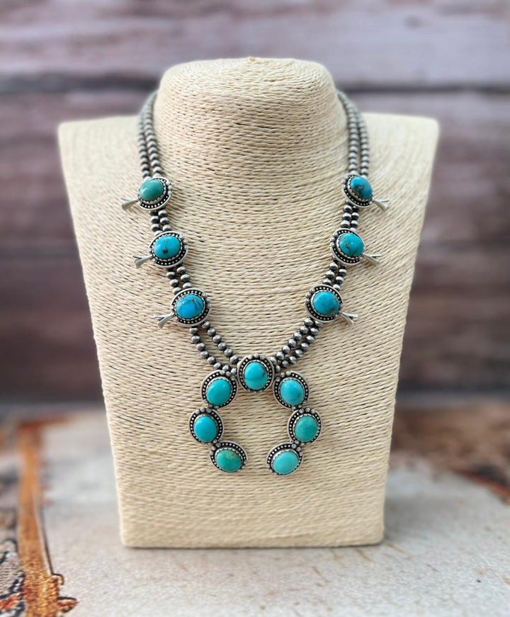 Handmade Sterling Silver Kingman Turquoise Squash Blossom Beaded Necklace