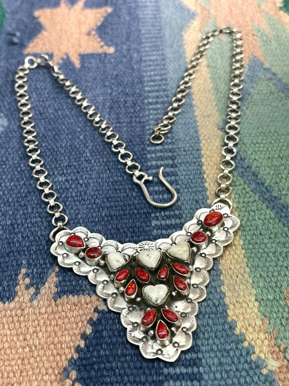 Handmade Sterling Silver White Buffalo with Red Opal Necklace