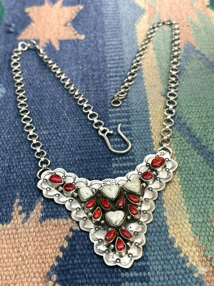 Handmade Sterling Silver White Buffalo with Red Opal Necklace
