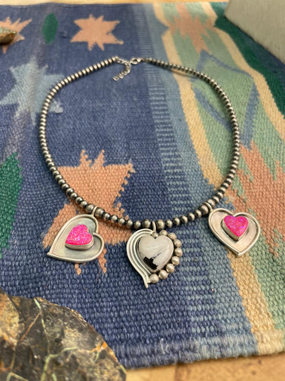 Handmade Sterling Silver White Buffalo with Hot Pink Beaded Heart Necklace