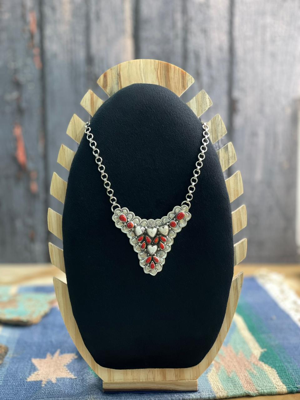 Handmade Sterling Silver White Buffalo with Red Opal Necklace