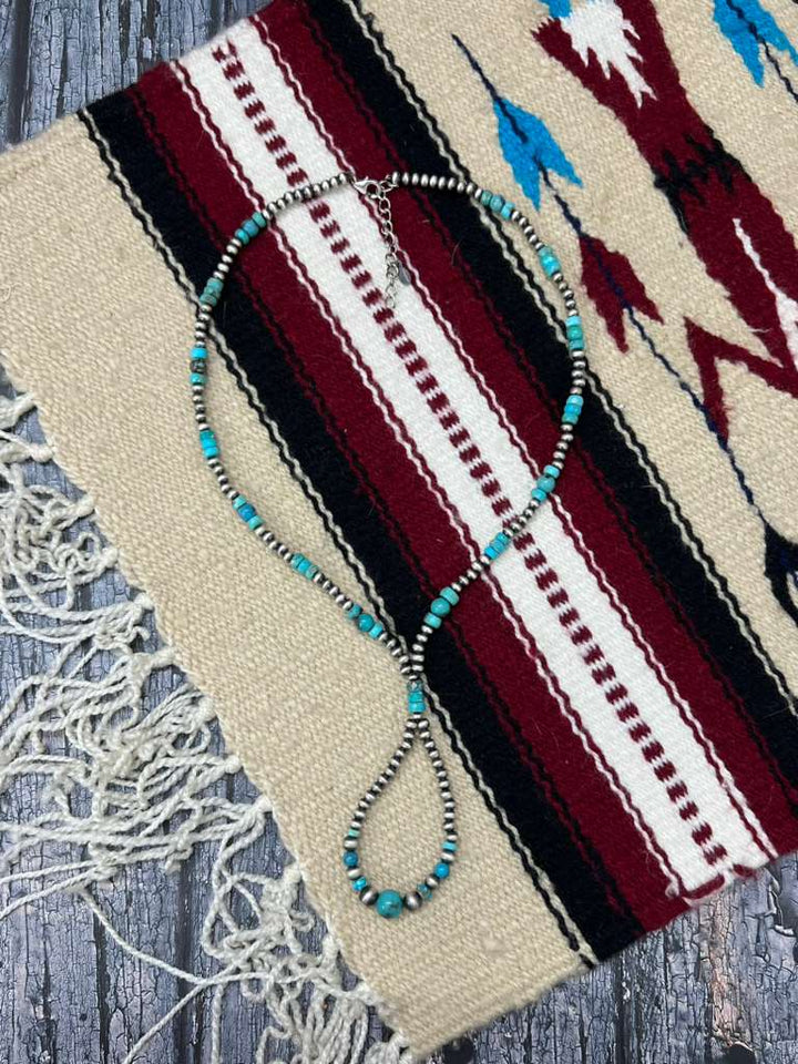 Handmade Sterling Silver Kingman Turquoise Beaded Necklace