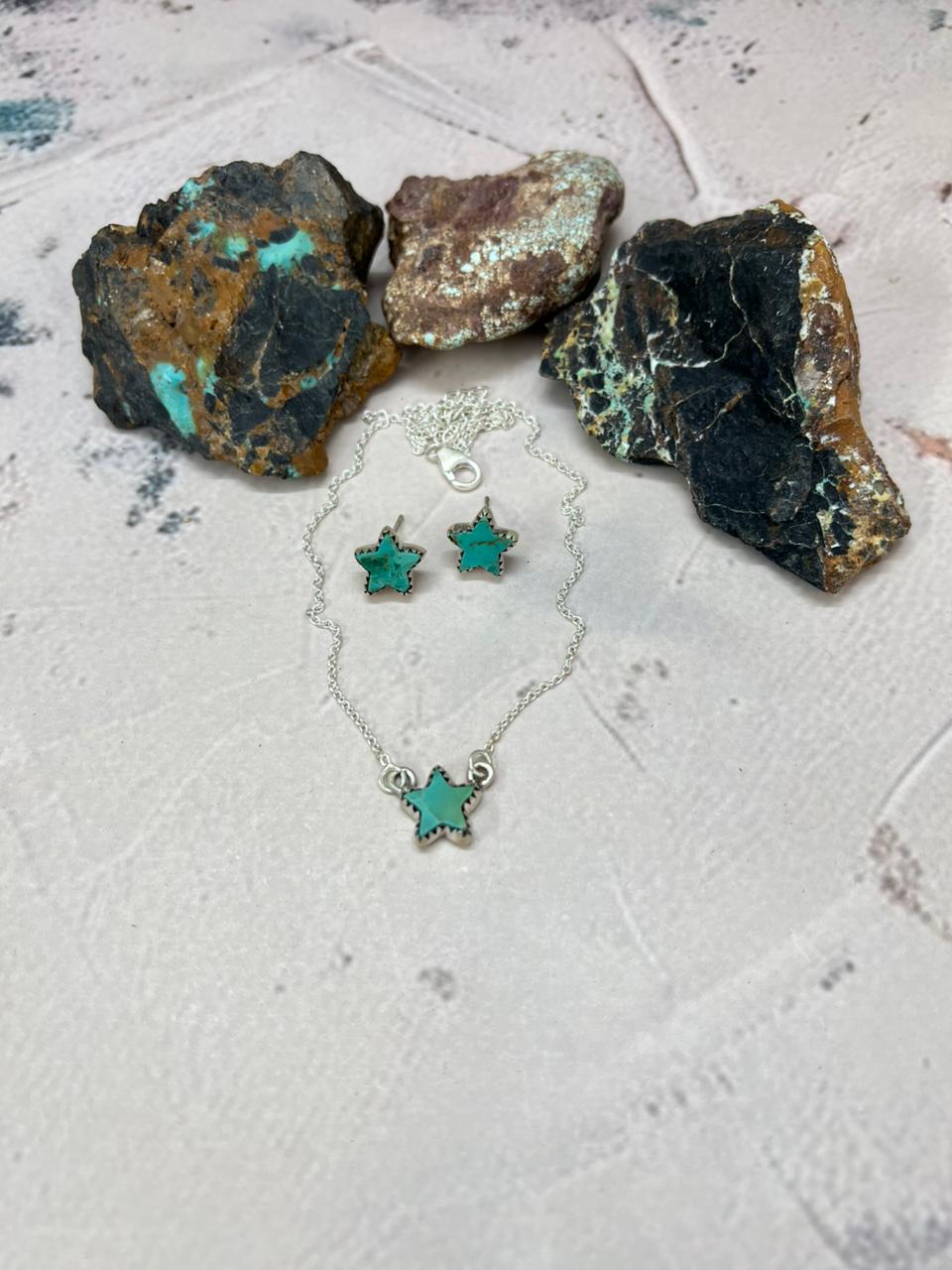 Handmade Sterling Silver Kingman Turquoise Necklace Earrings Set