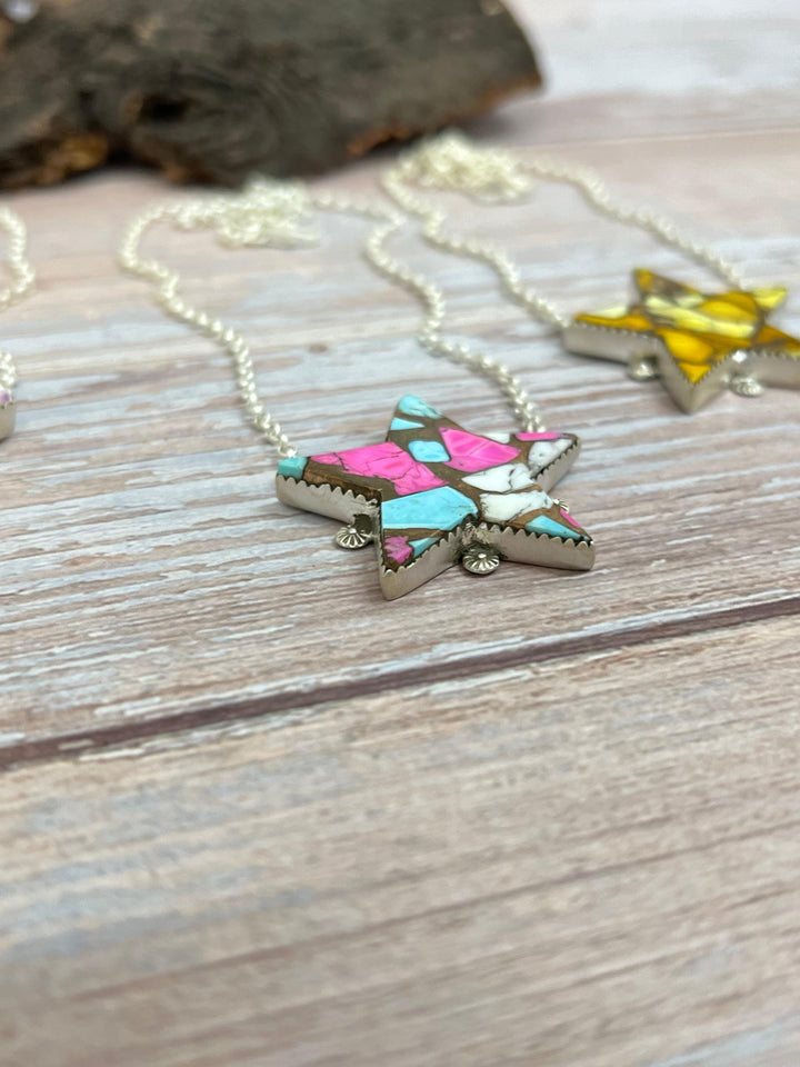 Handmade Sterling Silver Multi Stone Star Necklace, Signed Nizhoni Nizhoni Traders LLC
