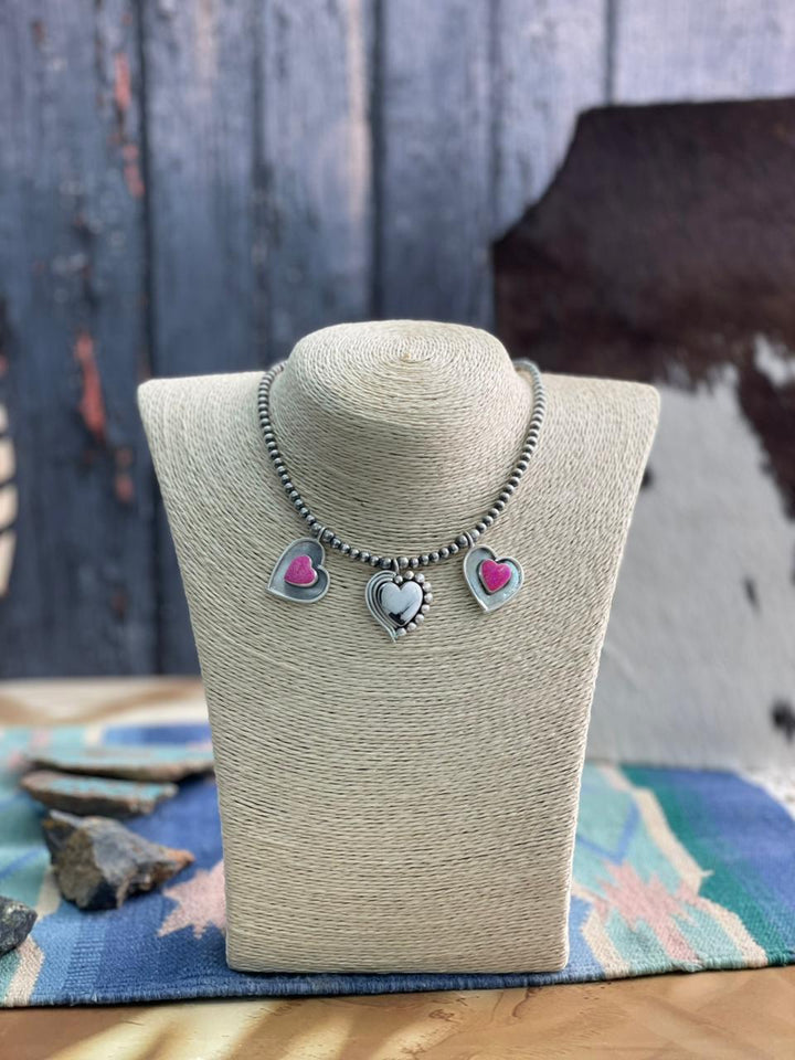 Handmade Sterling Silver White Buffalo with Hot Pink Beaded Heart Necklace