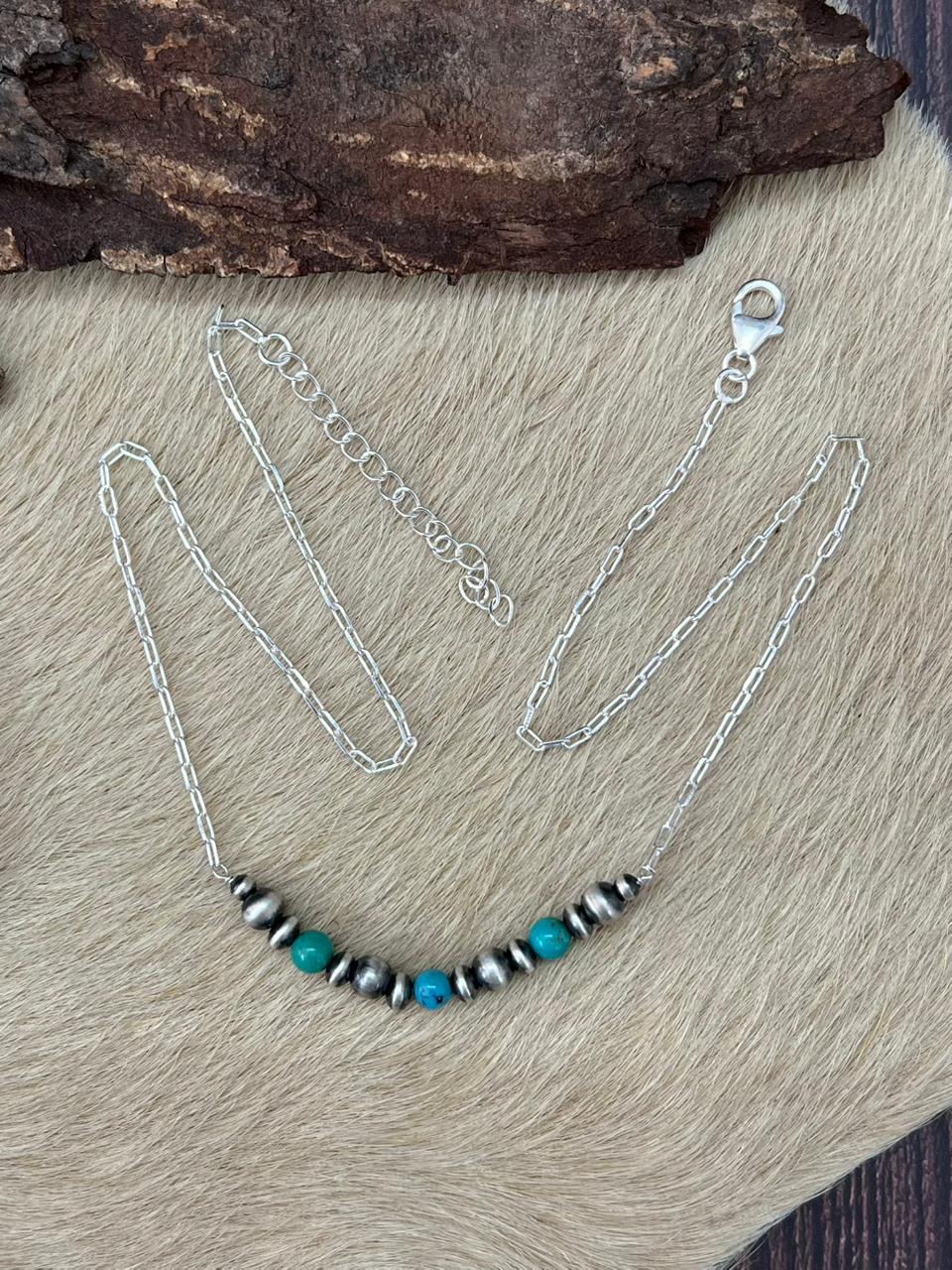 Handmade Sterling Silver Kingman Turquoise Beaded Necklace