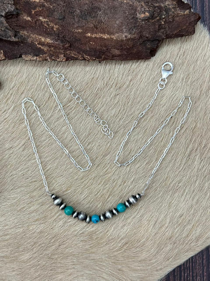 Handmade Sterling Silver Kingman Turquoise Beaded Necklace