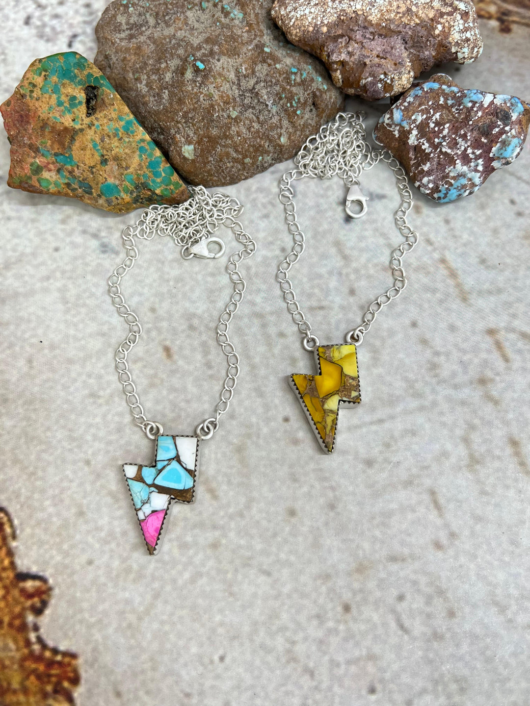 Handmade Sterling Silver Cotton Candy & Honey Dahlia Lightning Bolt Necklace