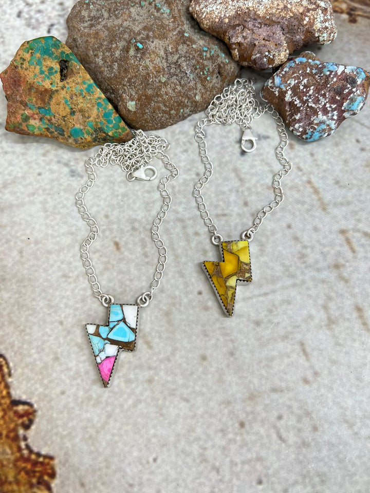 Handmade Sterling Silver Cotton Candy & Honey Dahlia Lightning Bolt Necklace