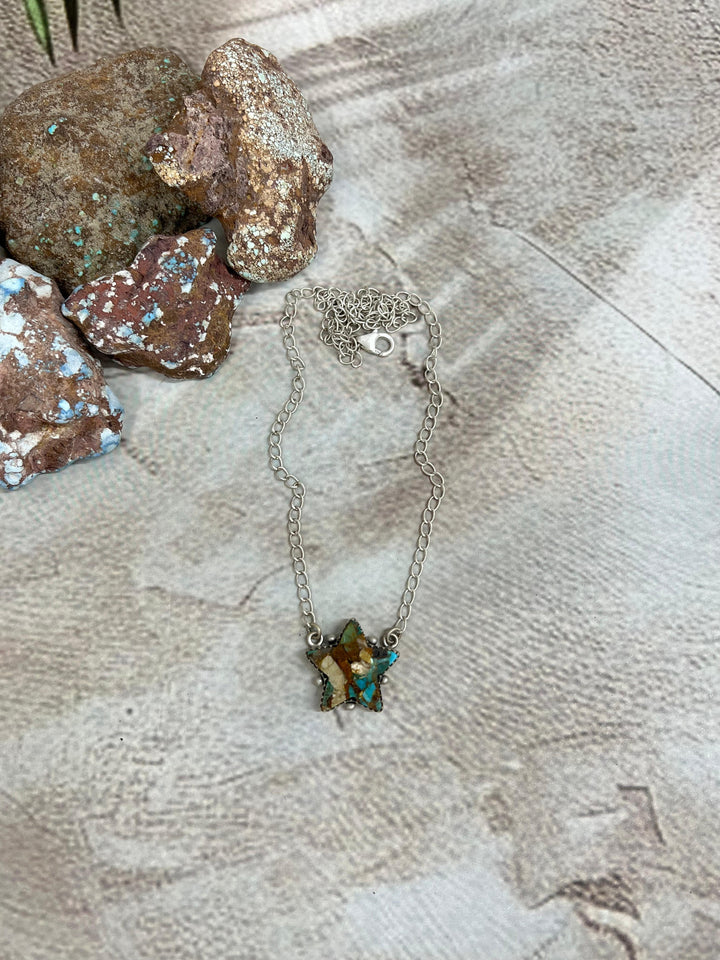 Handmade Sterling Silver Royston Turquoise Star Necklace with Signed Nizhoni Nizhoni Traders LLC