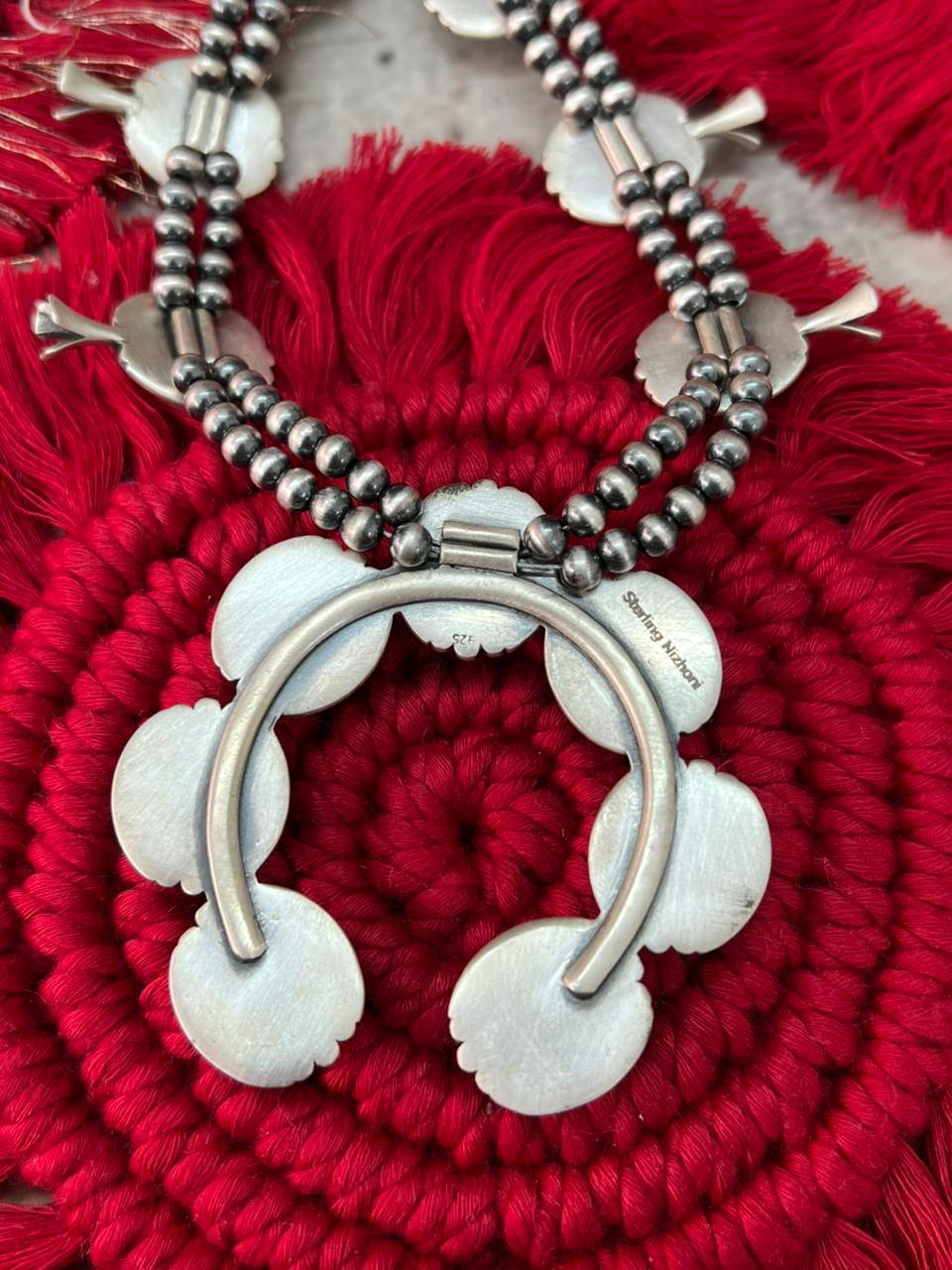 Handmade Sterling Silver Kingman Turquoise Squash Blossom Beaded Necklace