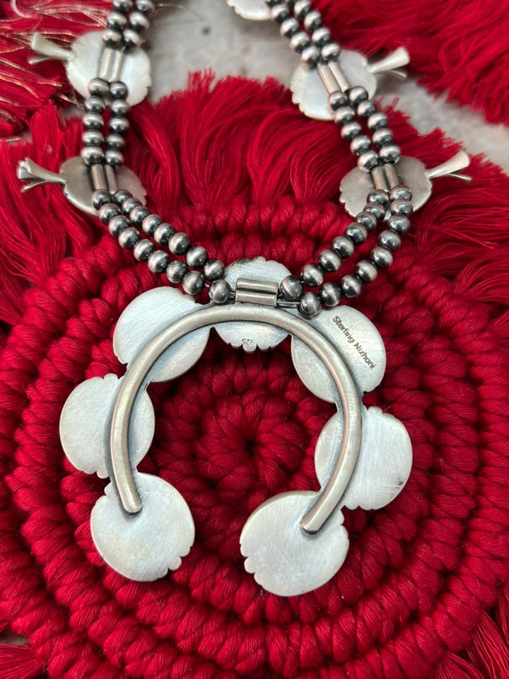 Handmade Sterling Silver Kingman Turquoise Squash Blossom Beaded Necklace