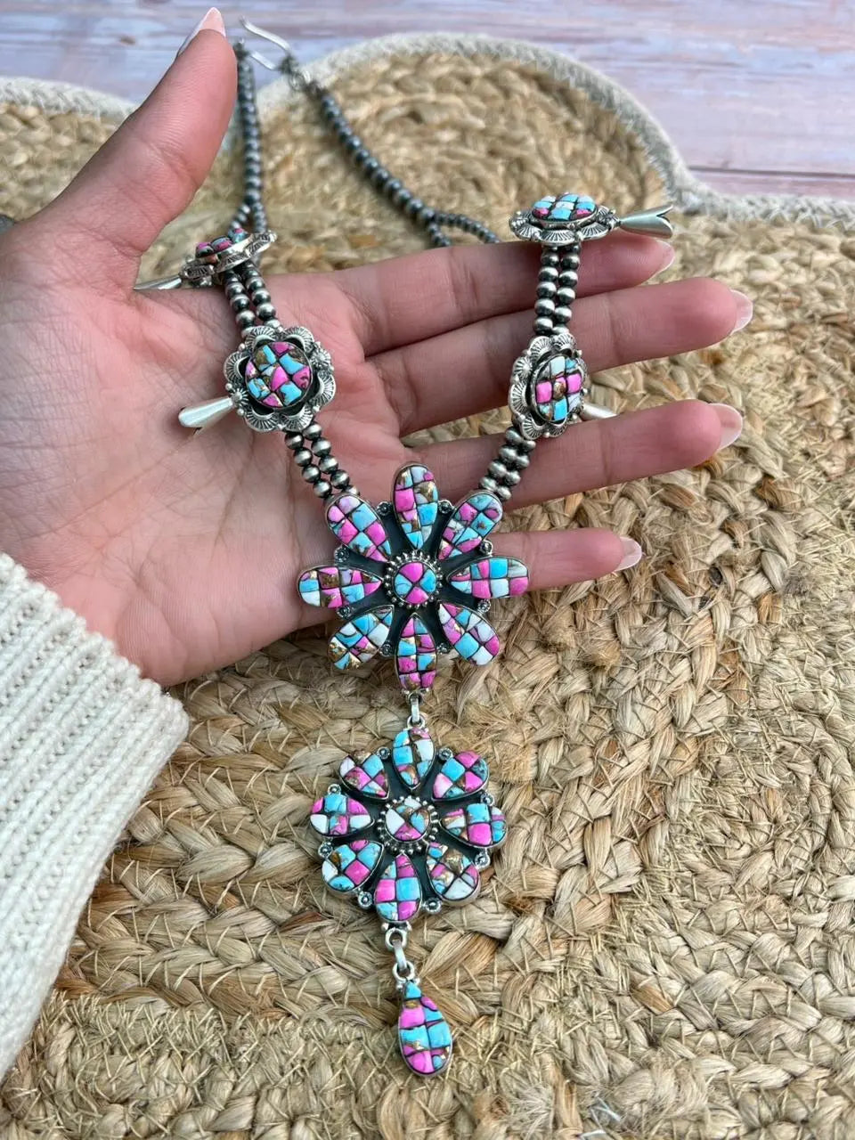 Handmade Sterling Silver Beaded Blossom Cotton Candy Necklace "Signed Nizhoni" Nizhoni Traders LLC