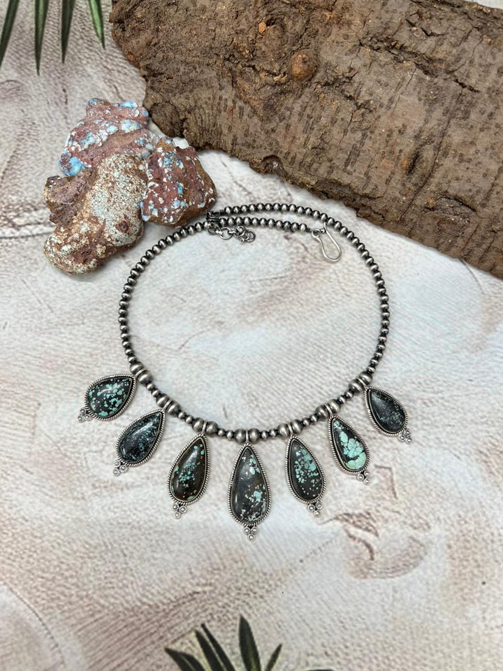 Handmade Sterling Silver Lander Turquoise Beaded Necklace