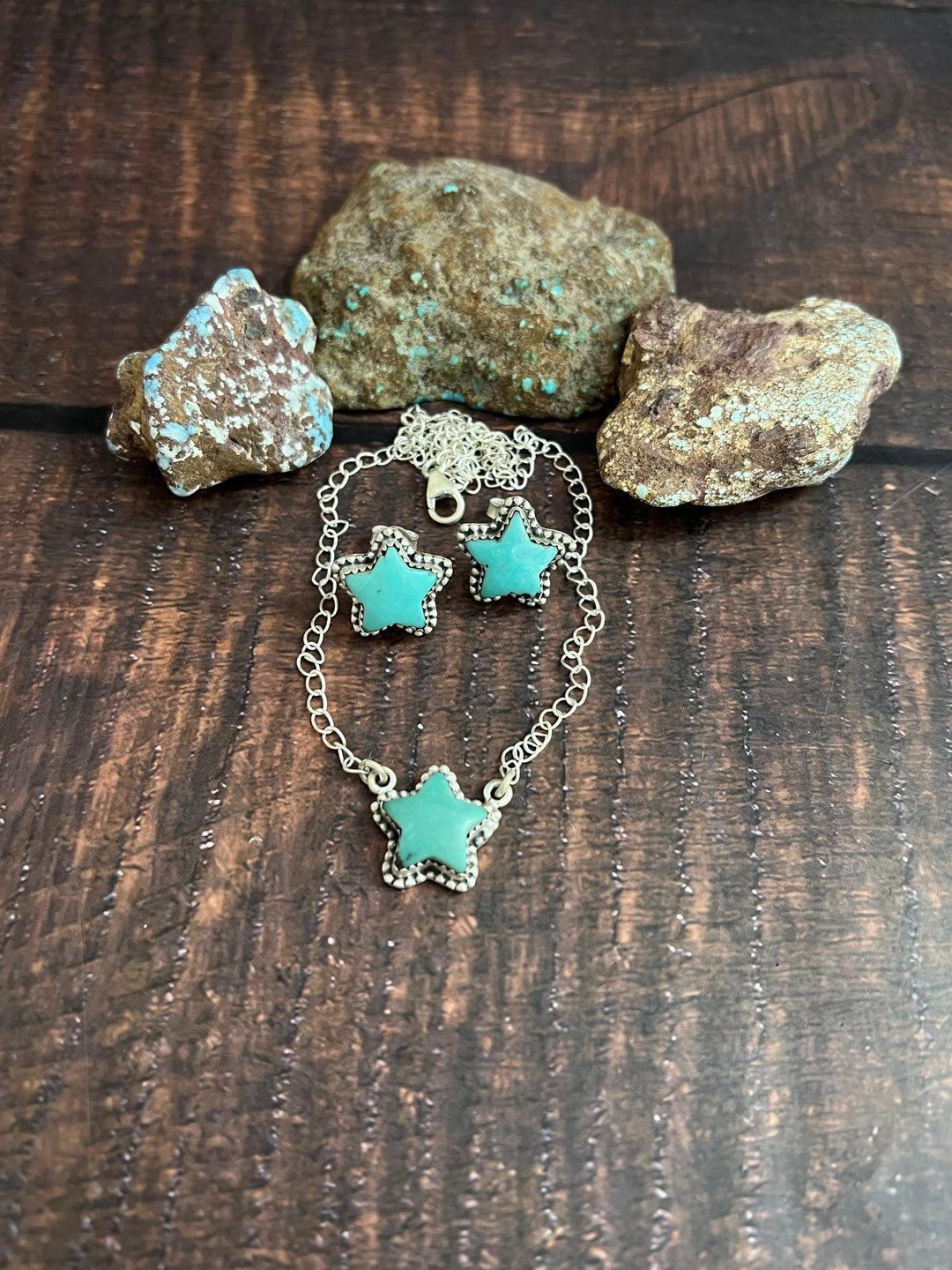 Handmade Sterling Silver Campitos Turquoise Star Necklace Earrings Set