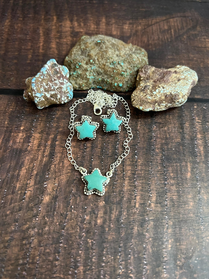 Handmade Sterling Silver Campitos Turquoise Star Necklace Earrings Set