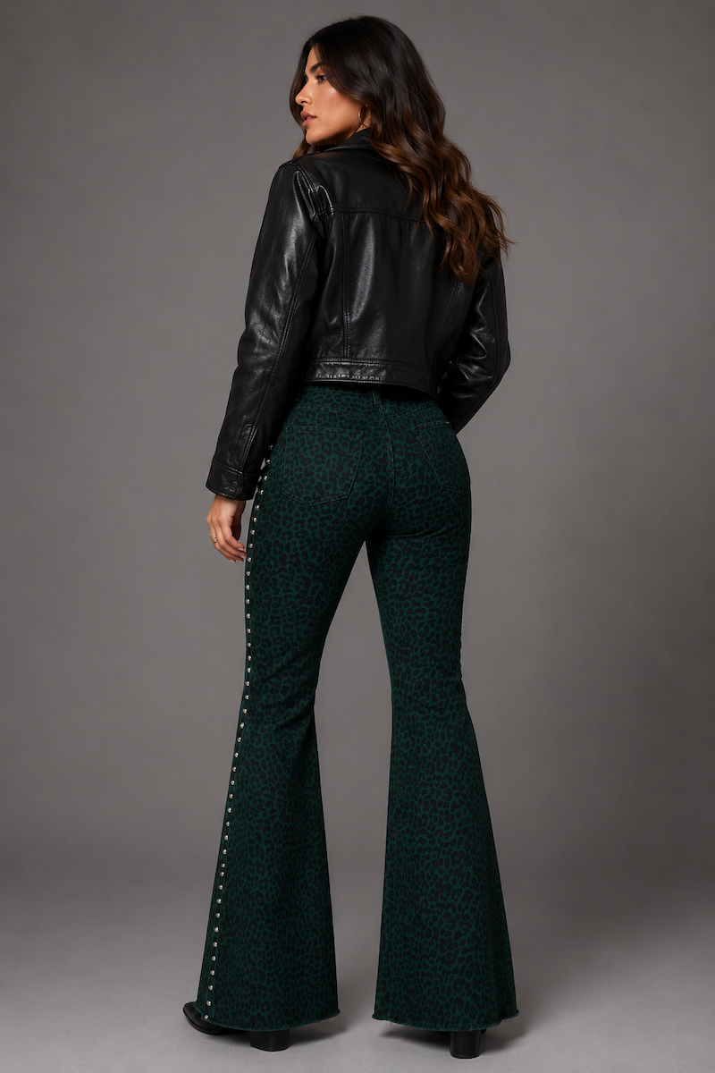 Studded Green Leopard Bell Bottom Jeans GJG DENIM