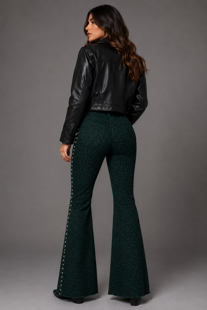 Studded Green Leopard Bell Bottom Jeans GJG DENIM