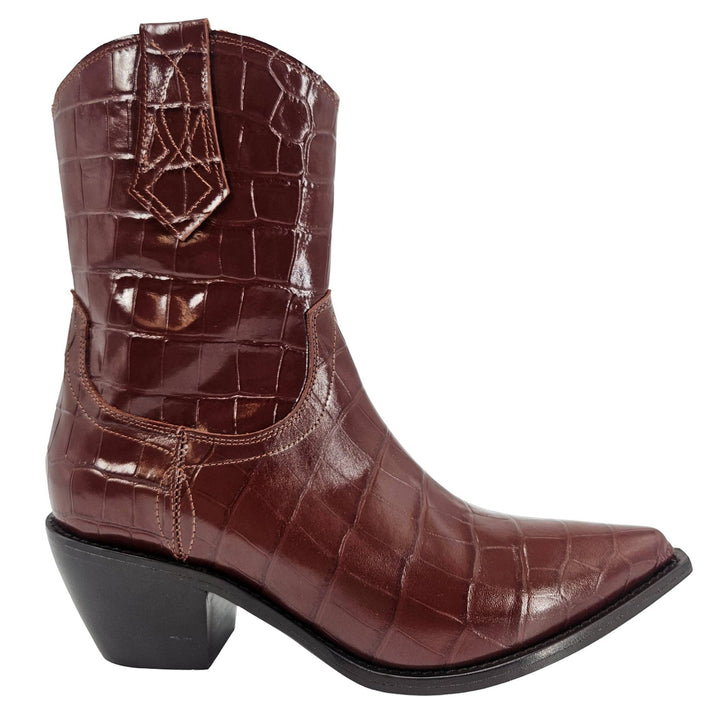 Madison Maison Chocolate Leather Croc Embossed Pointy  Ankle Boot
